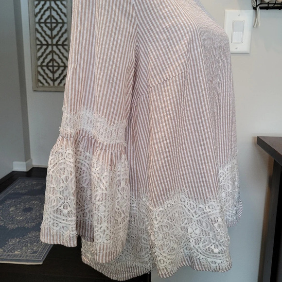 Zac and Rachel Striped Lace Boho Modest Tan White Feminine Blouse Large - Picture 3 of 9